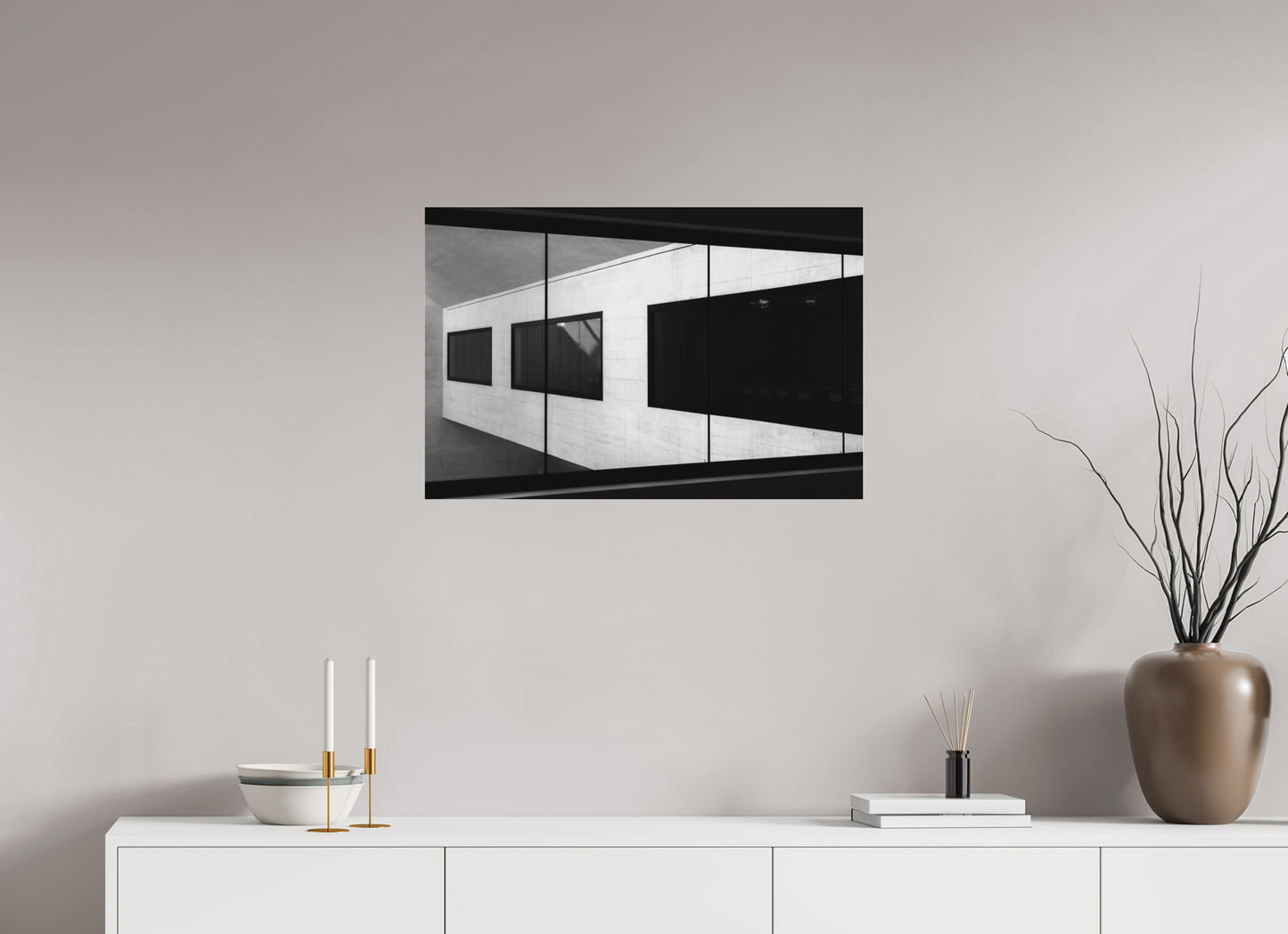 75 x 50 cm, Ilford on Aluminium behind Acrylic Glass Cabin - Schwarzweiß-Architekturfotografie - Hochwertiger Abzug in Galeriequalität