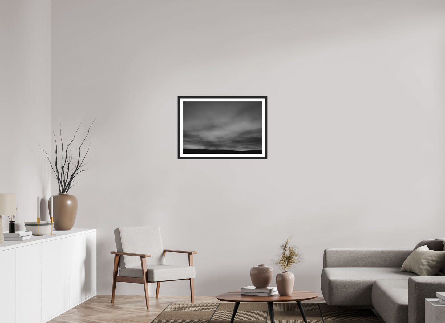 75 x 50 cm, Ilford on Aluminium, Framed with Border Haze - Minimalistische Schwarzweiß-Landschaftsfotografie - Hochwertiger Abzug in Galeriequalität