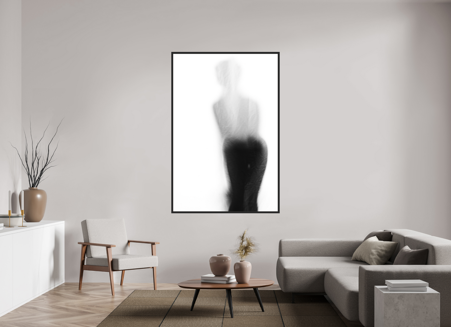 120 x 180 cm, Ilford on Aluminium, Framed Veil - Abstrakte Schwarzweiß-Fotografie - Teilakt - Hochwertiger Abzug in Galeriequalität
