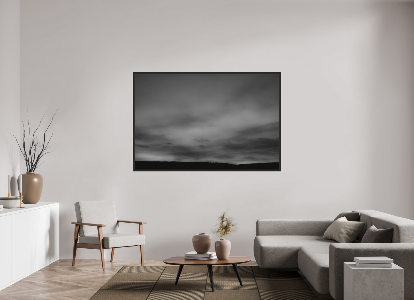 180 x 120 cm, Ilford on Aluminium, Framed Haze - Minimalistische Schwarzweiß-Landschaftsfotografie - Hochwertiger Abzug in Galeriequalität