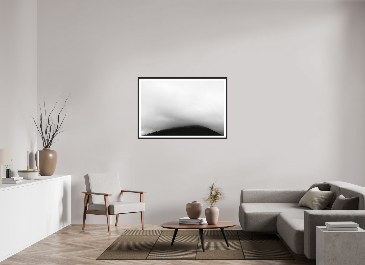 120 x 80 cm, Ilford on Aluminium, Framed with Border Haze II - Minimalistische Schwarzweiß-Landschaftsfotografie - Hochwertiger Abzug in Galeriequalität