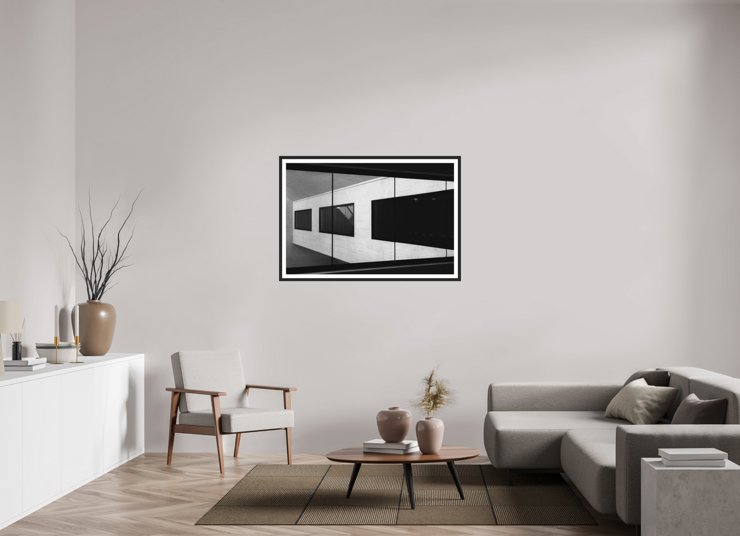 120 x 80 cm, Ilford on Aluminium behind Acrylic Glass, Framed with Border Cabin - Schwarzweiß-Architekturfotografie - Hochwertiger Abzug in Galeriequalität