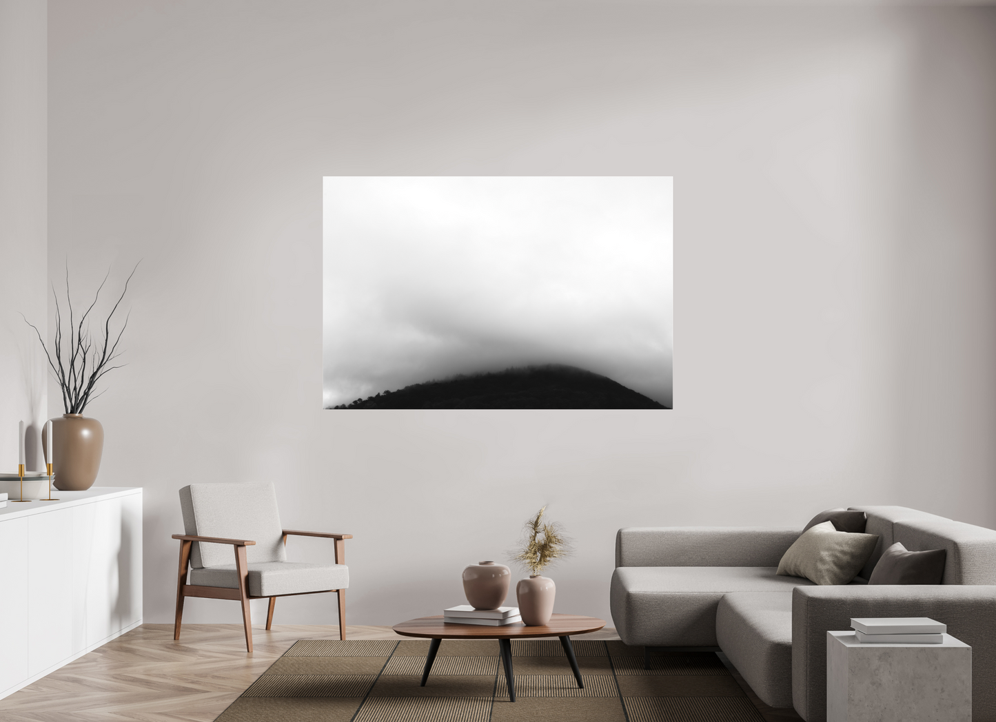 180 x 120 cm, Ilford on Aluminium behind Acrylic Glass Haze II - Minimalistische Schwarzweiß-Landschaftsfotografie - Hochwertiger Abzug in Galeriequalität