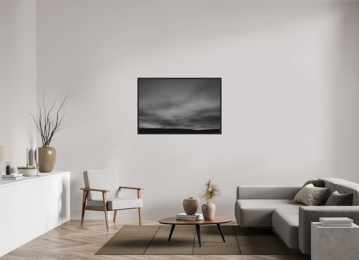 120 x 80 cm, Ilford on Aluminium behind Acrylic Glass, Framed Haze - Minimalistische Schwarzweiß-Landschaftsfotografie - Hochwertiger Abzug in Galeriequalität
