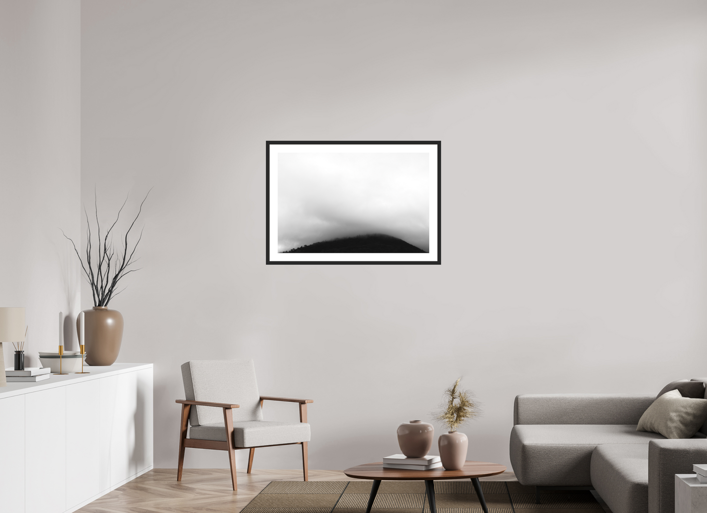 90 x 60 cm, Ilford Framed with Passepartout and Premium Glass Haze II - Minimalistische Schwarzweiß-Landschaftsfotografie - Hochwertiger Abzug in Galeriequalität