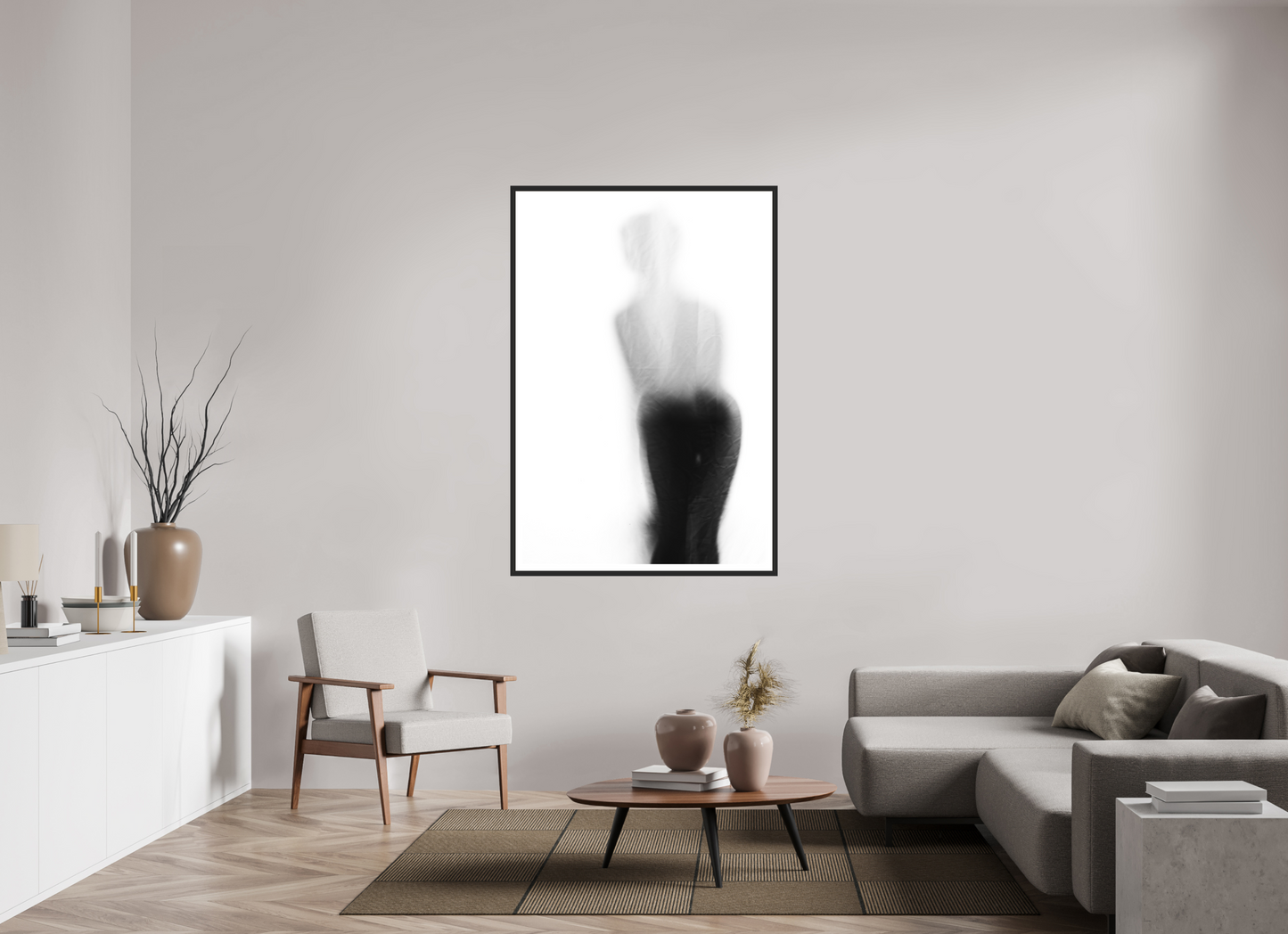 100 x 150 cm, Ilford on Aluminium, Framed with Border Veil - Abstrakte Schwarzweiß-Fotografie - Teilakt - Hochwertiger Abzug in Galeriequalität