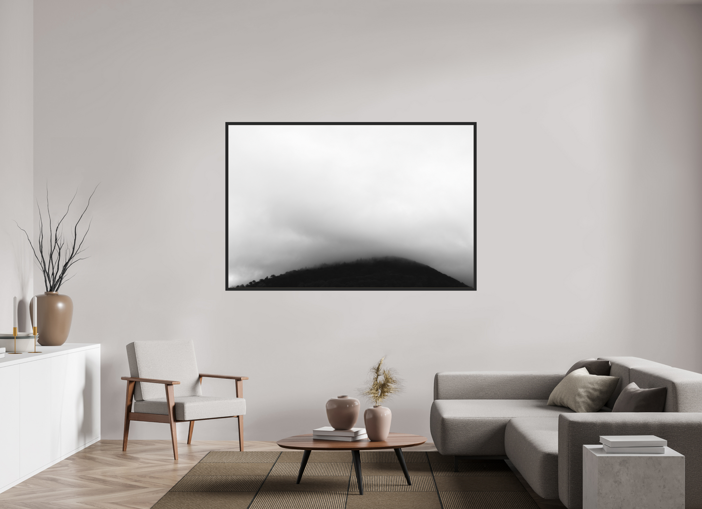 180 x 120 cm, Ilford on Aluminium behind Acrylic Glass, Framed Haze II - Minimalistische Schwarzweiß-Landschaftsfotografie - Hochwertiger Abzug in Galeriequalität