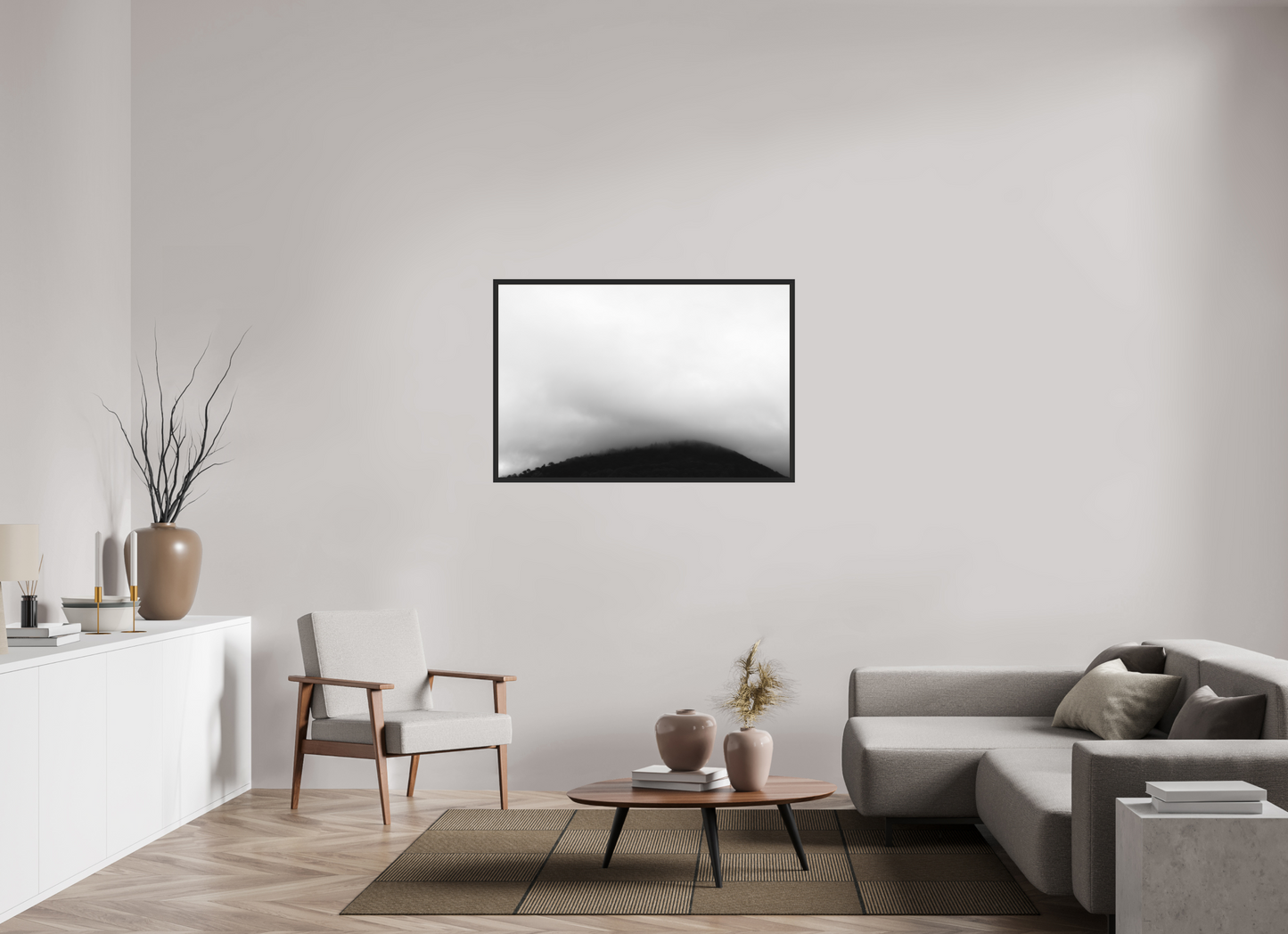120 x 80 cm, Ilford on Aluminium behind Acrylic Glass, Framed Haze II - Minimalistische Schwarzweiß-Landschaftsfotografie - Hochwertiger Abzug in Galeriequalität