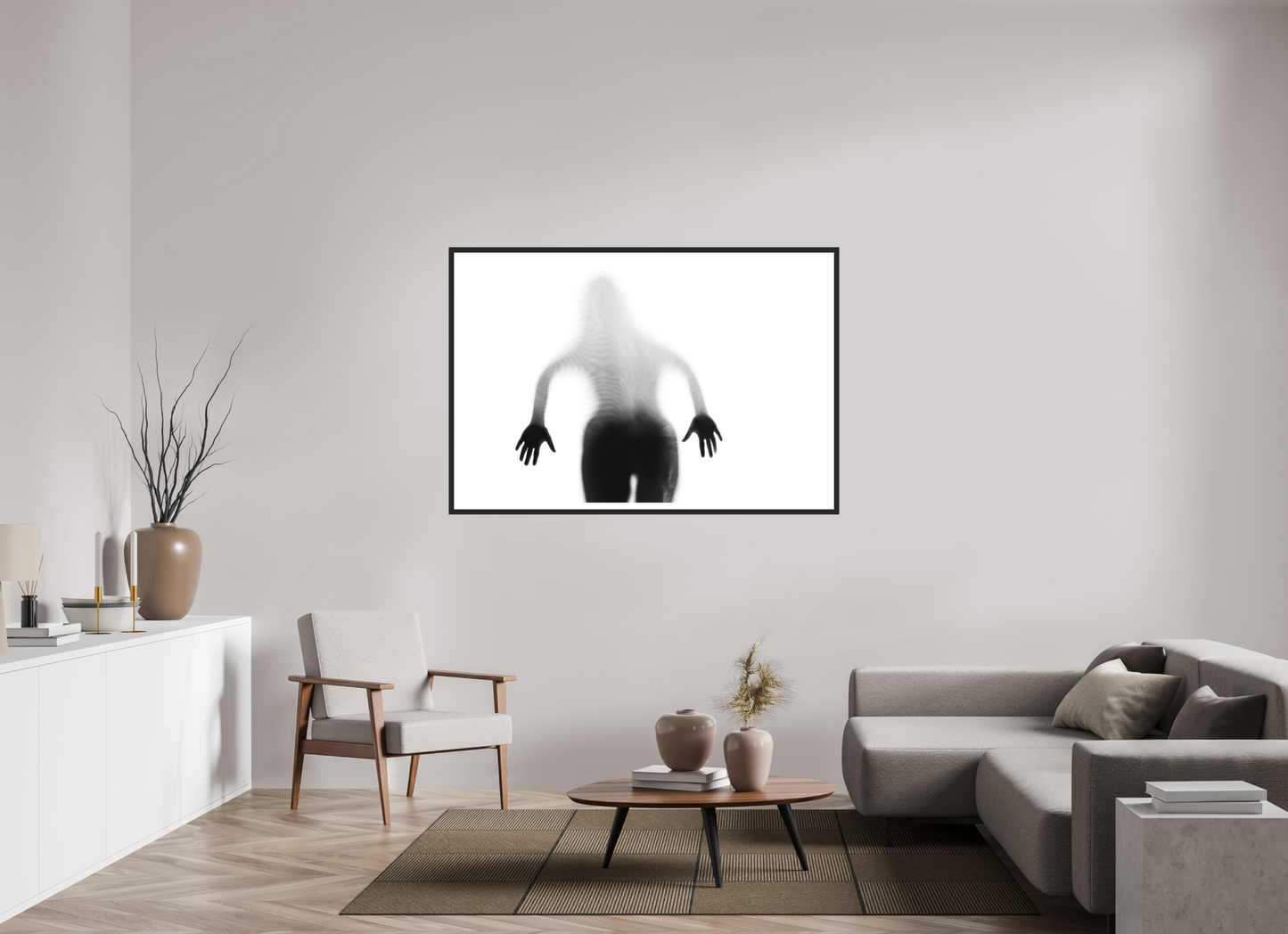 150 x 100 cm, Ilford on Aluminium behind Acrylic Glass, Framed with Border Veil II - Abstrakte Schwarzweiß-Fotografie - Teilakt - Hochwertiger Abzug in Galeriequalität