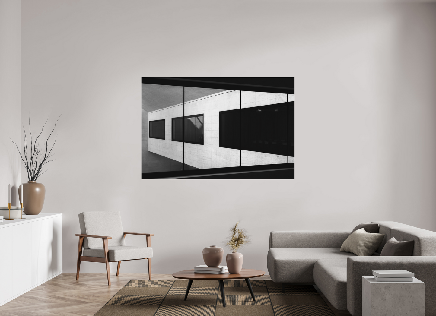 180 x 120 cm, Ilford on Aluminium behind Acrylic Glass Cabin - Schwarzweiß-Architekturfotografie - Hochwertiger Abzug in Galeriequalität