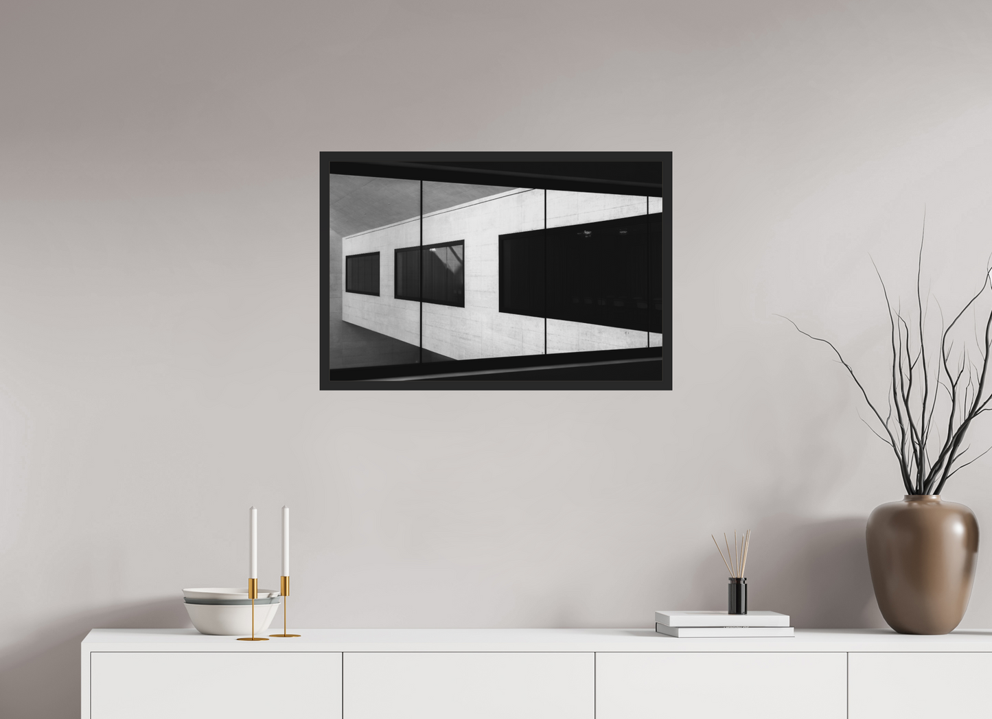 75 x 50 cm, Ilford on Aluminium behind Acrylic Glass, Framed Cabin - Schwarzweiß-Architekturfotografie - Hochwertiger Abzug in Galeriequalität